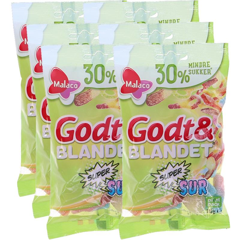 Malaco Gott & Blandat Supersur 6-pack Mindre Socker